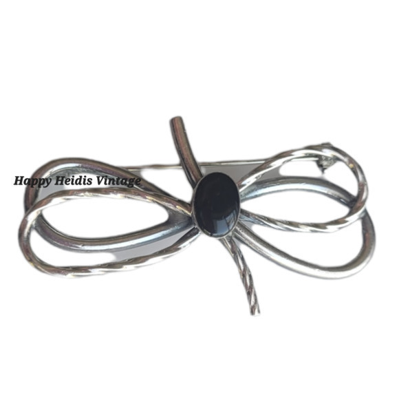 Vintage Twisted Silver Tone Dark Onyx Bow Pin Brooch